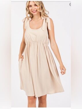 Tie-Shoulder Scoop Neck Midi Dress - Beige- Small: Made in USA 🇺🇸